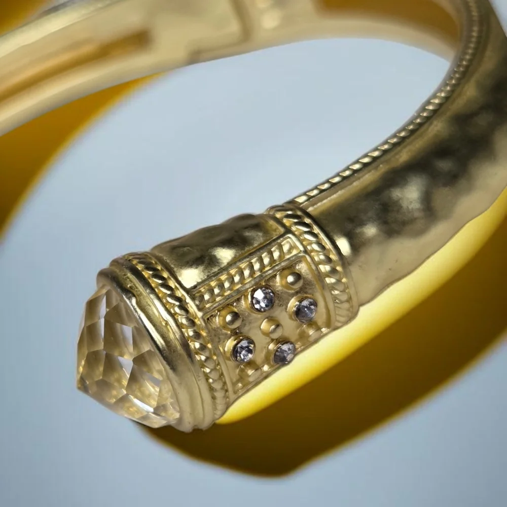 14k Matte Gold Plated Hydro Quartz Crystal Chunky Hinged Bangle Bracelet